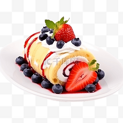 美食喜庆背景图片_卷蛋糕草莓奶油配盘子和蓝莓