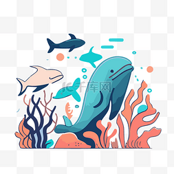 鲸鱼和珊瑚的彩色水下场景插图 