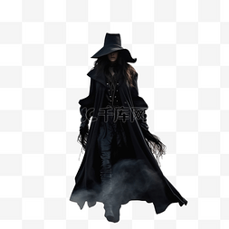 有雾的图片_穿着长外套和黑眼睛的黑女巫站在