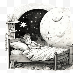动物玩具手绘图图片_圣诞月夜睡在房间里的小男孩的手