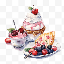 水彩画冰淇淋图片_一套甜点甜肉和冰淇淋水彩画PNG文