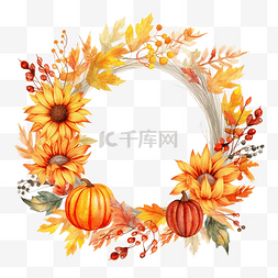 感恩节秋季花环框架，采用水彩花