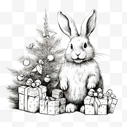 因新年图片_圣诞兔子与圣诞树和礼物手绘草图
