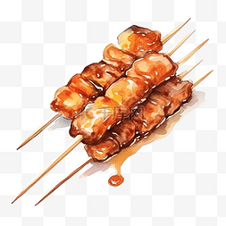 日本料理水彩图片_水彩日本料理烤鸡肉串