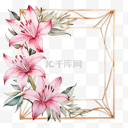 粉色的百合花图片_方形金色金属框架，配有白色和粉