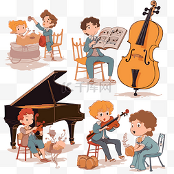 古典剪贴画儿童演奏不同的乐器，