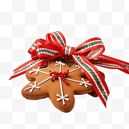 圣诞饼干，饰有红丝带蝴蝶结和小