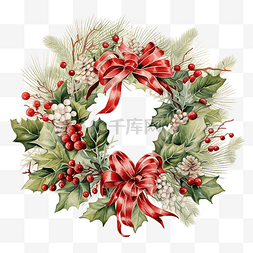 红花环图片_用圣诞花环装饰的插图