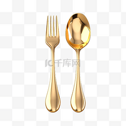 叉子和勺子图片_豪华金叉子和勺子 3d 插图