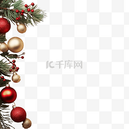 圣诞松树雪花图片_喜庆的圣诞边框，冷杉树枝上有红