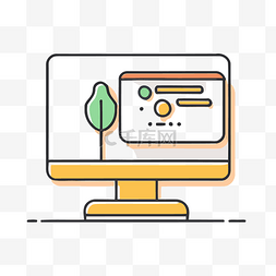 计算机插图图片_带有绿叶图标的计算机屏幕 向量