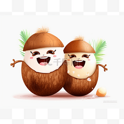 两个可爱的卡通椰子互相微笑