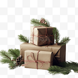 包裹礼物包图片_用云杉树枝包裹着复古风格的圣诞