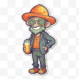 戴着橙色帽子和眼镜拿着啤酒的角