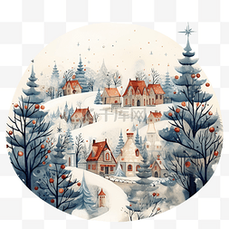 雪花村庄素材图片_圣诞快乐复古贺卡村庄和森林