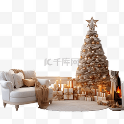 室内混搭风图片_带壁炉的客厅的圣诞内饰