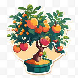 水果卡通设计图片_橘子树贴纸，显示盆中的水果 向