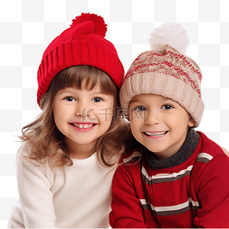 圣诞节小女孩和男孩戴着红帽子，