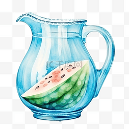 新鲜西瓜片图片_水彩不寻常的复古蓝色玻璃水罐或