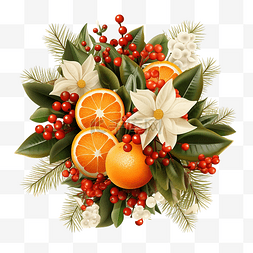 圣诞花束，配有橙子和冬青树枝