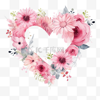 相框叶子图片素材_相框爱心和水彩花与粉红色花卉装饰装饰背景