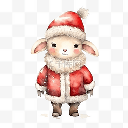 可爱的羊在圣诞老人服装水彩圣诞