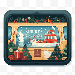 圣诞快乐插画图片_机上屏幕上圣诞快乐问候的平面插