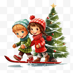 快乐的小孩子们在小雪橇上扛着一