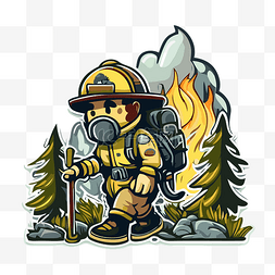 戴着头盔的卡通消防员穿过森林剪