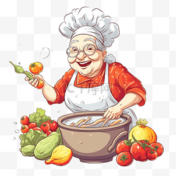 新鲜炖煮图片_有趣的奶奶拿着一锅美味的汤，里