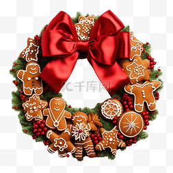 感恩节花环，配姜饼和红色蝴蝶结