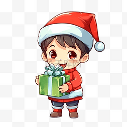 穿著聖誕服裝的卡通小男孩拿著禮