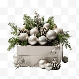 绿树枝条图片_盒子里的冷杉树枝和圣诞球
