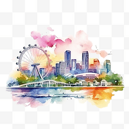 水彩抽象海图片_新加坡城市景观天际线彩色水彩风