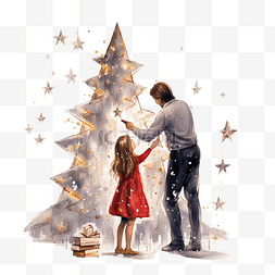 女孩用星星装饰美丽的圣诞树，而