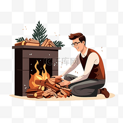 一个人生活图片_圣诞节主题一个年轻人把木柴放进