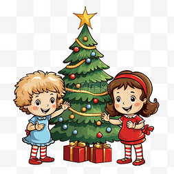 卡通孩子与圣诞树的有趣插图