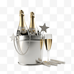 香槟瓶的 3D 渲染，银桶时钟金笛