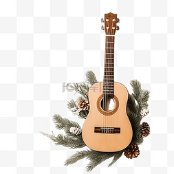 与吉他和冷杉树枝的圣诞音乐作品