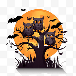 满月夜猫头鹰蝙蝠树万圣节快乐消