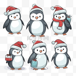 可爱的涂鸦企鹅圣诞快乐插图集