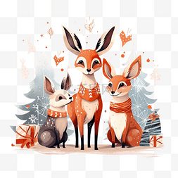 圣诞节卡通驯鹿图片_圣诞快乐庆祝派对狐狸驯鹿和兔子