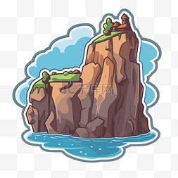 悬崖上的图片_水中插图中岩石上有塔的卡通岛 