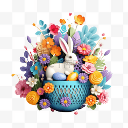 復活節兔子图片_复活节彩蛋篮兔子春天的花朵装饰