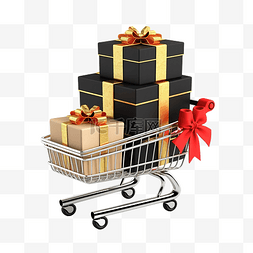 礼品盒标签图片_带礼品盒的 3d 黑色购物车