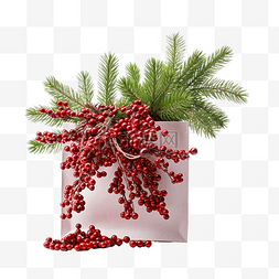 珠红图片_圣诞购物纸袋，配有红珠装饰的杉