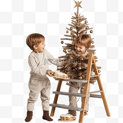 快乐有趣的两兄弟在圣诞树附近烤