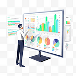 趋势研究 3D 插图分析师预测未来趋势信息图表和屏幕上的统计数据