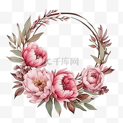 粉色牡丹花图片_棕色干树枝花环框架上的水彩粉色