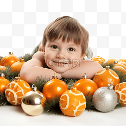 高清皮肤图片_圣诞男孩躺在皮肤上，周围是橘子